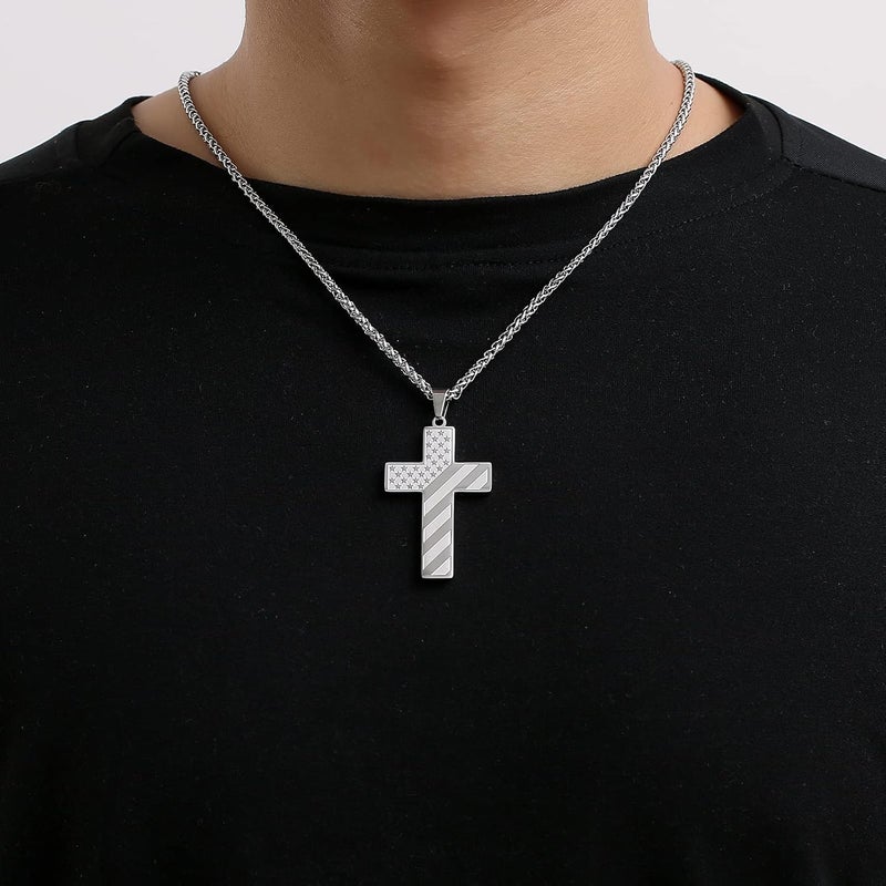 DuoDiner Valentines Day Gifts for Him -18+2 Inch Cross Necklace Bible Verse Stainless Steel American Flag Pendant Chain for Men Boys Cross Jewelry Gift - Image 2